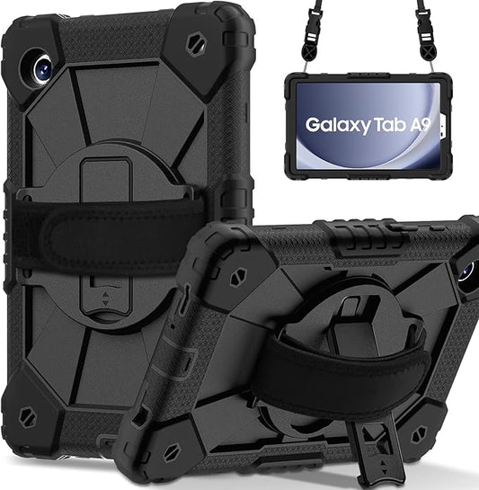 for Samsung Galaxy Tab A9 Case 8.7 inch (SM-X110/X115/X117), Heavy Duty Shockproof Silicone Cover Rugged 360 Stand Hand Shoulder Strap for Galaxy A9 Tablet Black+Black