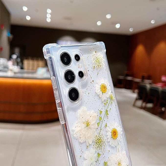 Compatible with Samsung Galaxy S23 Ultra Case Cute Pressed Dried Real Flowers Design Women Girly Shockproof Glitter Floral Clear Phone Cover S23 Ultra (White Flower)
