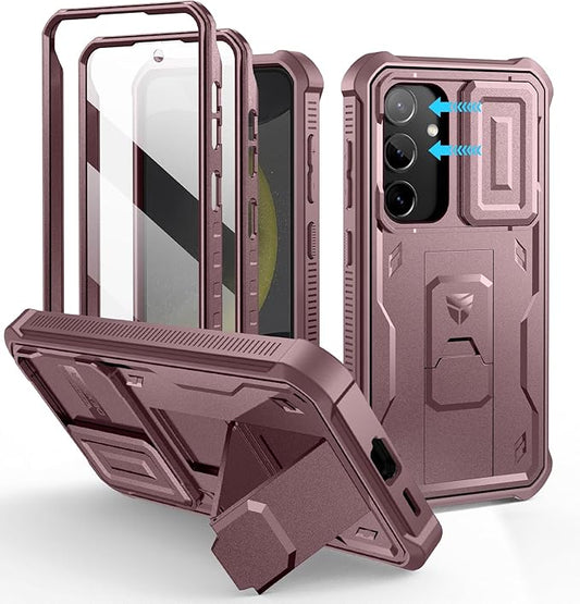 Dexnor for Samsung Galaxy S24 Case with Built-in Slide Camera Cover & Screen Protector & Kickstand, Heavy-Duty Shockproof Rugged Case Full-Body Bumper Protective Cover for Galaxy S24 (2024),Peony Pink