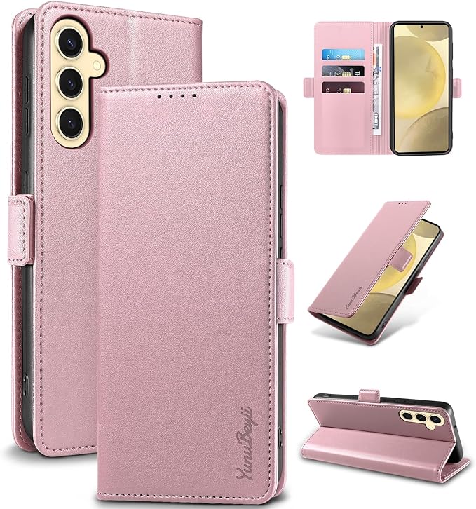 Wallet Flip Case for Samsung Galaxy S25 5G - [RFID Blocking] Luxury PU Leather Card Holder Magnetic Phone Cover with Kickstand,Shockproof Protective Case,Pink