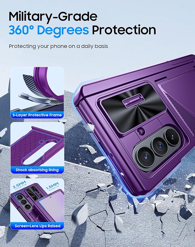 for Samsung Galaxy Z Fold 7 Case with Card Holder RFID Blocking, Built in Slide Lens Cover & Hinge Protection & Kickstand & Screen Protector, Shockproof Wallet Case for Z Fold 7 (Purple)