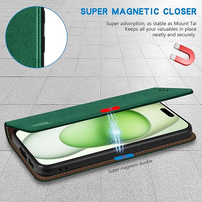 ZZXX for iPhone 15 Plus Wallet Case with [RFID Blocking] Card Slot Stand Strong Magnetic Leather Flip Fold Protective Phone Case for iPhone 15 Plus Case Wallet(Green-6.7 inch)