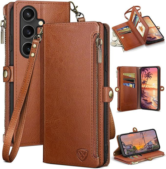 XcaseBar Compatible with Samsung Galaxy S25 Wallet case with Zipper Credit Card Holder【RFID Blocking】,Flip Folio Book PU Leather Phone case Shockproof Cover Women Men for Samsung S25 case Light Brown