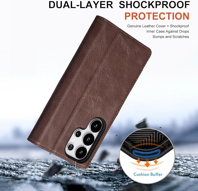 Case for Galaxy S25 Ultra 6.9"-Genuine Leather Folio Wallet Case with Kickstand RFID Blocking Card Holder Magnetic Protective Phone Cover Compatible with Galaxy S25 Ultra 2025 (Darkbrown)