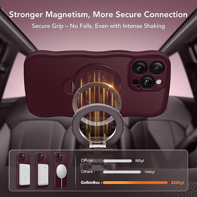 GolbinBox for iPhone 15 Pro Max Case,[Compatible with Magsafe][360°Magnetic Stand][Cute Wave Edge][18ft Military-Grade Protection] Translucent Matte Women Phone Cover for iPhone 15 Promax,Wine Red