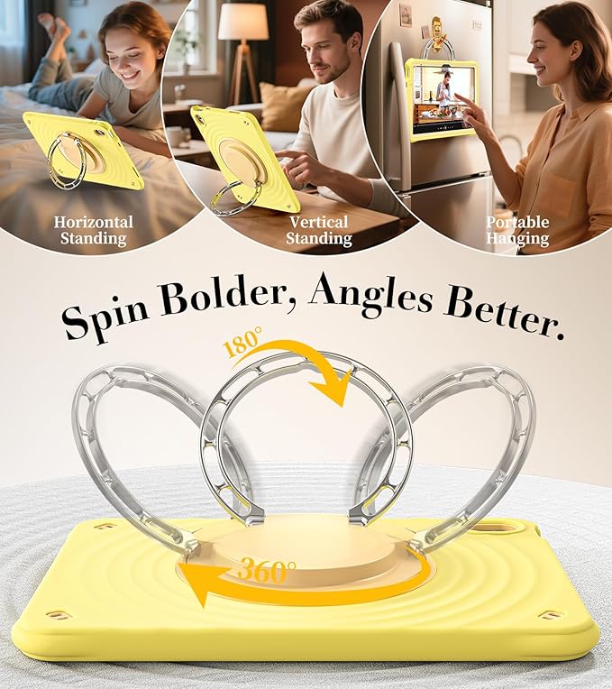 BRAECN Ripple Case for iPad (A16)11th/10th Generation 11/10.9 inch 2025/2022 Zinc Alloy Handle Ring Stand Protective Heavy Duty Screen Protector 360°Rotating 180°Folding Shoulder Strap Full-Body Cover