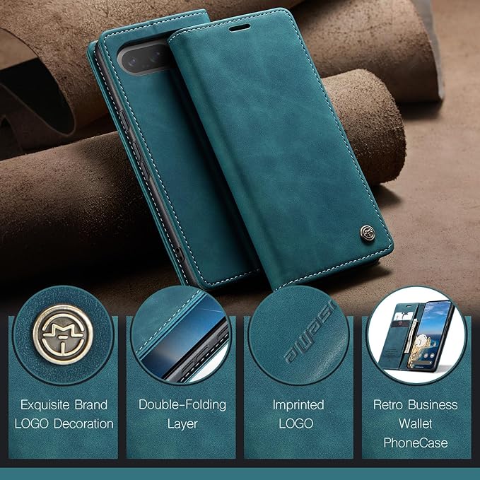 for Google Pixel 9 / Pixel 9 Pro Case, Flip Wallet Leather Case with Card Holder Magnetic Closure Shockproof Kickstand Protective Phone Cases Cover for Google Pixel 9 Pro,Blue-Green