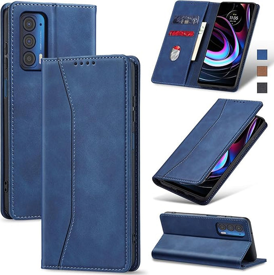 Jasonyu Flip Wallet Case for Motorola Edge 5G UW/Moto Edge (2021),Leather Magnetic Folio Cover with Card Holder,Kickstand - TPU Shockproof Durable Protective Phone Case,Blue