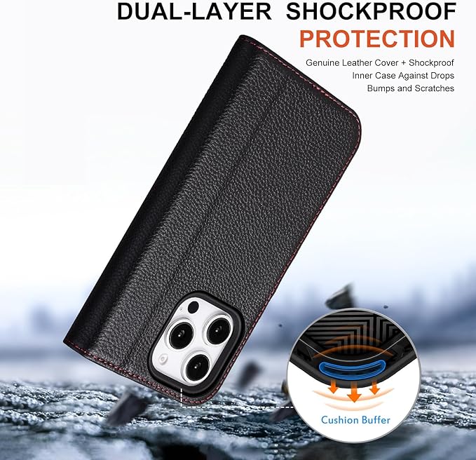 Case for iPhone 16 Pro Max 5G 2024-Genuine Leather Folio Wallet Magnetic Kickstand RFID Blocking Card Slots Shock-Absorbent Phone Cover Compatible with iPhone 16 Pro Max 6.9" (Black)