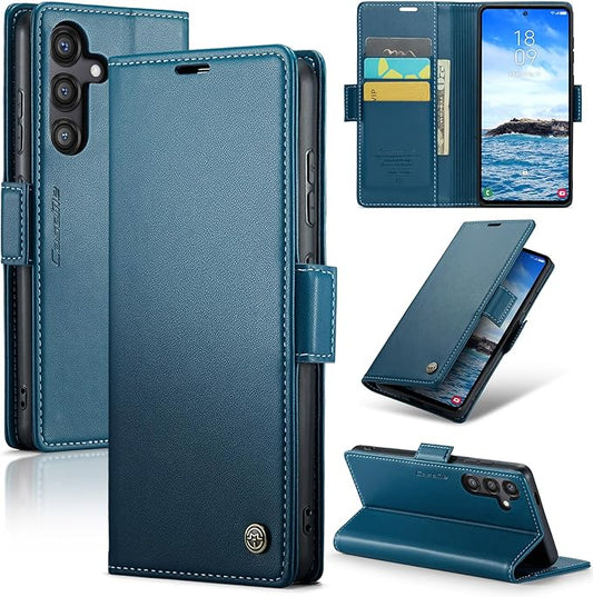 AUPAI for Samsung Galaxy S24 FE Wallet Case with Credit Card Holder, PU Leather RFID Blocking Folio Flip Kickstand Magnetic Clasp Protective Phone Cover for Women Men Blue