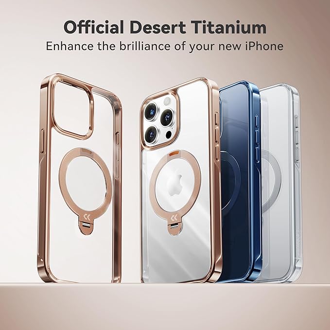 CASEKOO Desert Titanium for iPhone 15 Pro Max Case with 360° Spin Magnetic Stand [Compatible with Magsafe][16FT Military Protection] Polished for iPhone 15 ProMax Case with Stand Ring 6.7'', Rose Gold