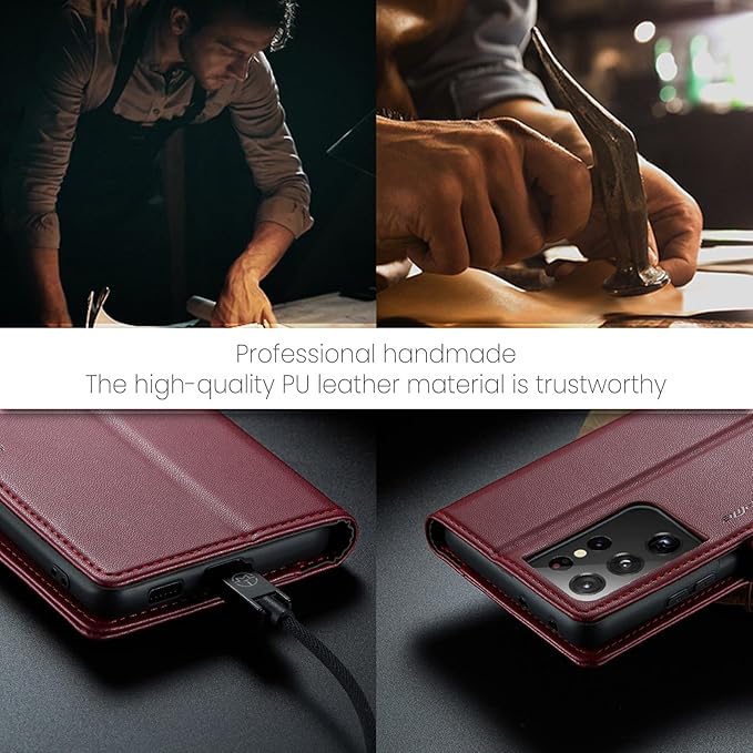 AUPAI for Samsung Galaxy S21 Ultra Wallet Case with Credit Card Holder, PU Leather RFID Blocking Folio Flip Kickstand Magnetic Clasp Protective Phone Cover for Women Men Wine Red