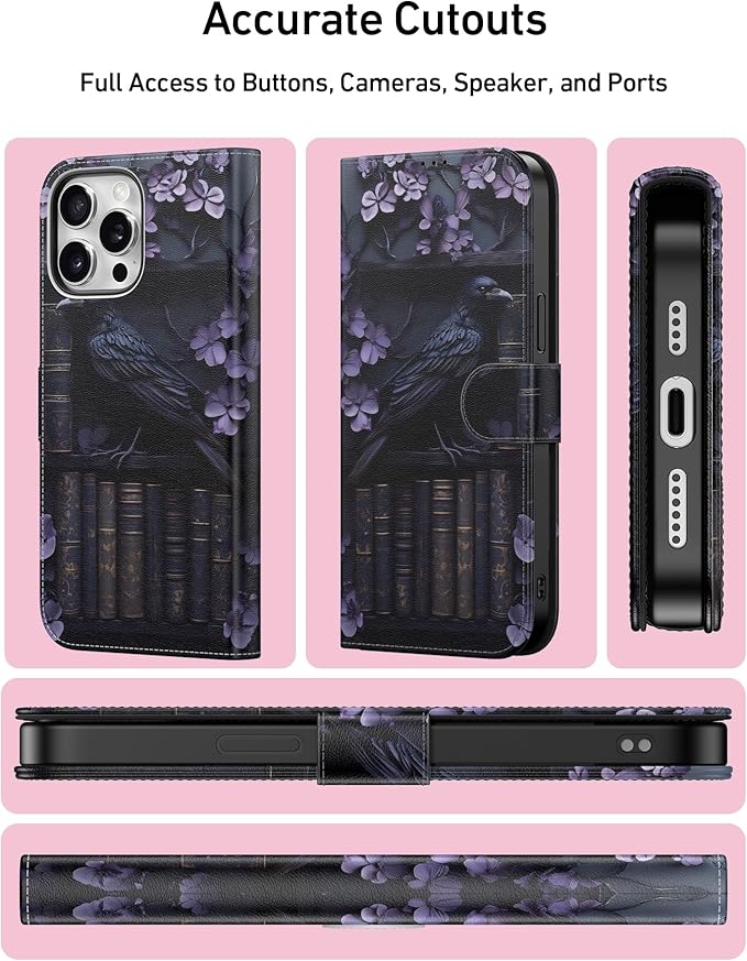 DEENAKIN for iPhone 15 Pro Max Wallet Case with Card Holder + Cash Clip, RFID-Blocking, Military-Grade Drop Protection, Magnetic Closure with Leather Kickstand - Purple Floral & Raven
