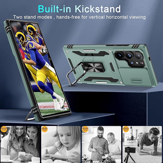 DEERLAMN Case for Samsung Galaxy S25 Ultra with Slide Camera Cover+Screen Protector (1 Pack), Rotated Ring Kickstand Military Grade Shockproof Protective Cover-Green