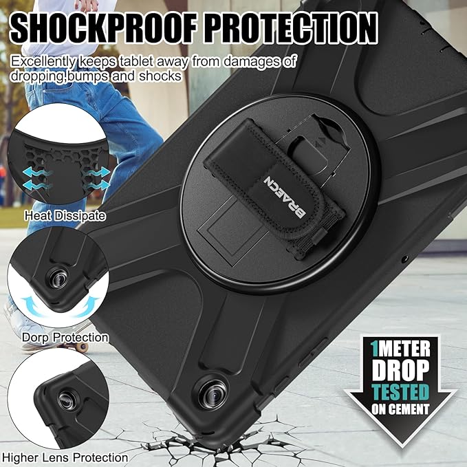 BRAECNstock for Samsung Galaxy Tab A9+ Plus Case 11 inch (SM-X210/X216/X218) Shockproof Protective Tab A9+ Plus Kids Case with Screen Protector Pen Holder Rotating Hand Strap+Stand, Black