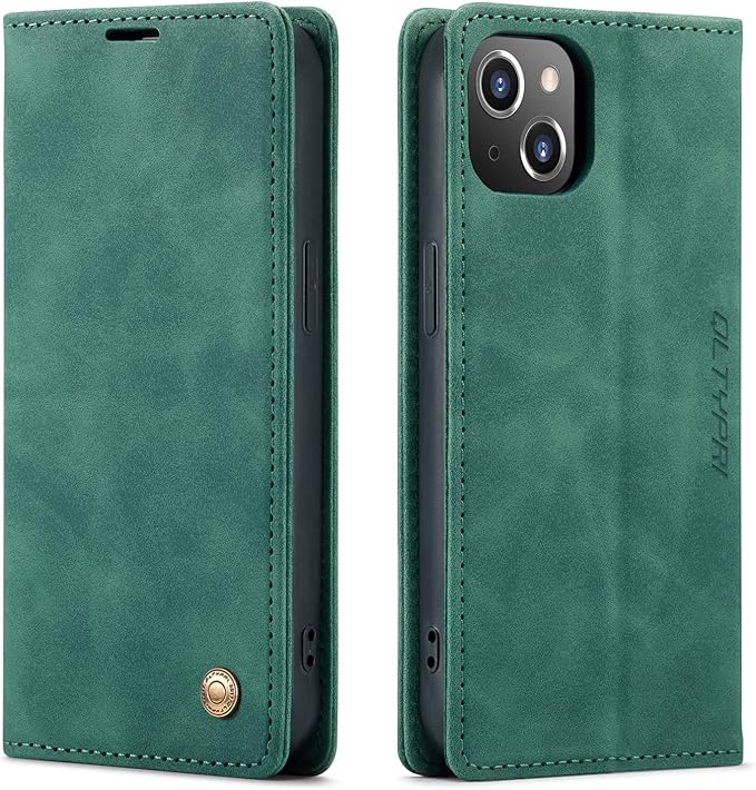 QLTYPRI Case for iPhone 14, Vintage PU Leather Wallet Case Card Slot Kickstand Magnetic Closure Shockproof Flip Folio Book Case Cover for iPhone 14(6.1 inch) - Dark Green