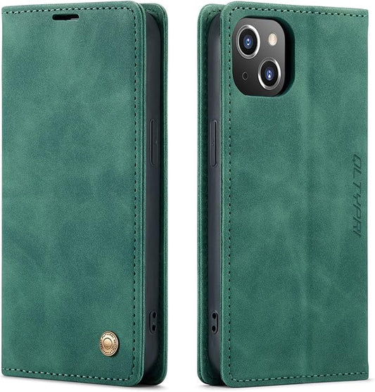 QLTYPRI Case for iPhone 14, Vintage PU Leather Wallet Case Card Slot Kickstand Magnetic Closure Shockproof Flip Folio Book Case Cover for iPhone 14(6.1 inch) - Dark Green