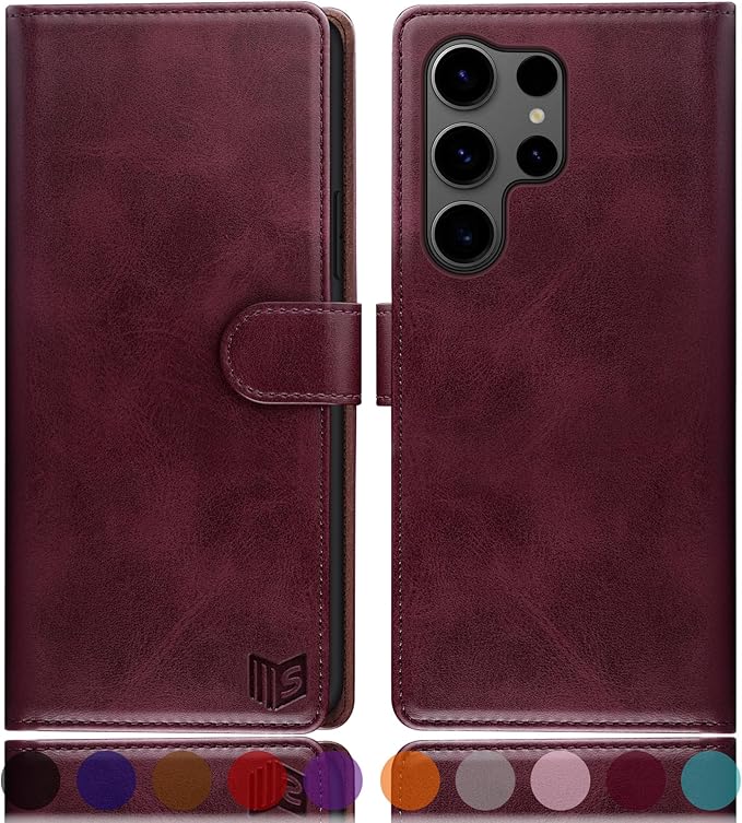 SUANPOT Compatible with Samsung Galaxy S25 Ultra Wallet case with RFID Blocking Credit Card Holder,Flip Book PU Leather Protective Cover Women Men for Samsung S25 Ultra Phone case Wine Red