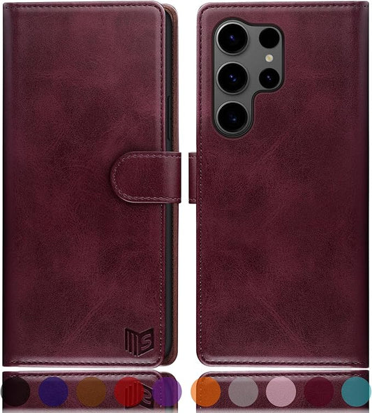 SUANPOT Compatible with Samsung Galaxy S25 Ultra Wallet case with RFID Blocking Credit Card Holder,Flip Book PU Leather Protective Cover Women Men for Samsung S25 Ultra Phone case Wine Red