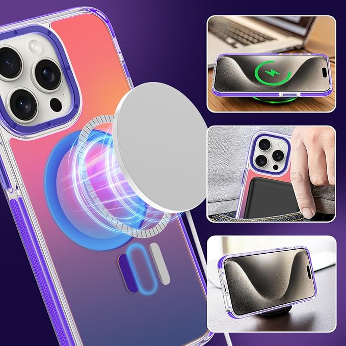 MOWIME Magnetic Case for iPhone 15 Pro Max [Compatible with Magsafe] [Cute Fashion Fluorescent Design] [1 Screen Protector] Slim Translucent Matte Case for iPhone 15 Pro Max 6.7" 2023, Purple