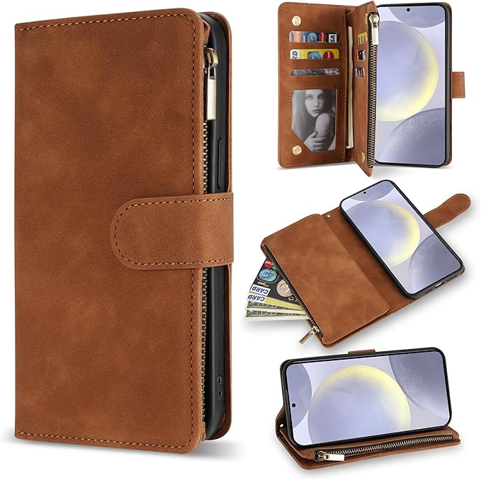 ZZXX for Samsung Galaxy S24 Plus Wallet Case with RFID Blocking Card Slot PU Leather Zipper Flip Folio with Strap Kickstand Protective Cover for Samsung Galaxy S24+ Case Wallet(Brown-6.7 inch)