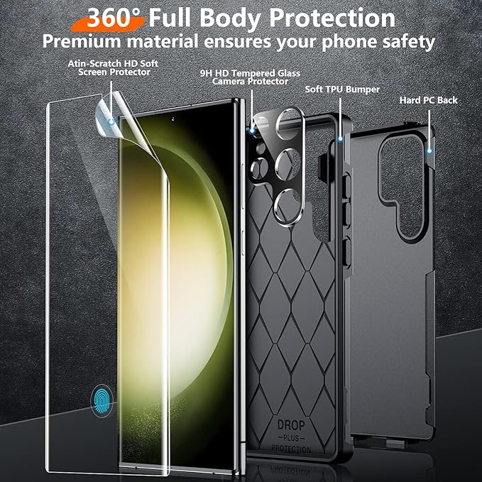 Red2Fire for Samsung Galaxy S23 Ultra Case, [Military Grade Shockproof] with 2Pcs [Soft Screen Protector + Lens Protector] Heavy Duty Full Body Protection Phone Case for S23 Ultra Case 5G, Black