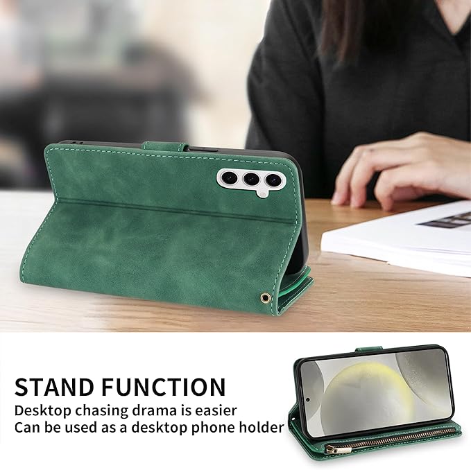 ZZXX for Samsung Galaxy S24 Wallet Case with RFID Blocking Card Slot PU Leather Zipper Flip Folio with Strap Kickstand Protective Cover for Samsung Galaxy S24 Case Wallet(Green-6.2 inch)