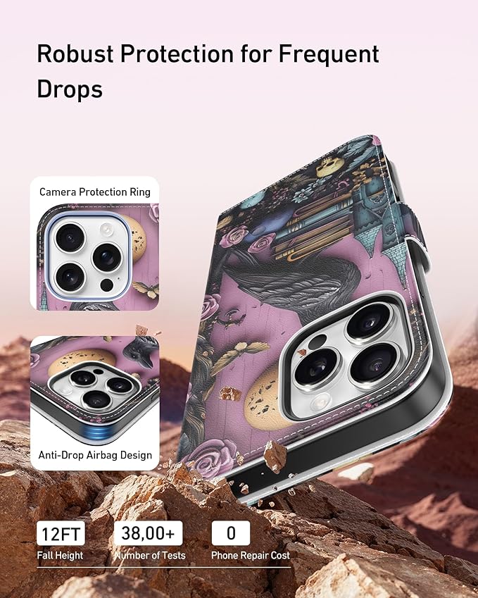 DEENAKIN for iPhone 16 Pro Max Wallet Case with Card Holder + Cash Clip, RFID-Blocking, Military-Grade Drop Protection, Magnetic Closure with Leather Kickstand - Gothic Skull & Raven