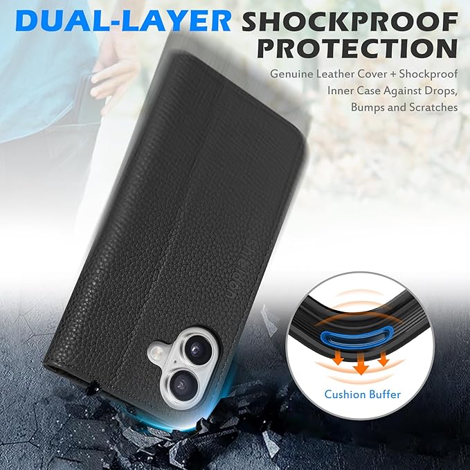 SHIELDON Case Wallet for iPhone 17 6.3 Inch 5G 2025 | Genuine Leather, Magnetic Closure, Kickstand, RFID Blocking Credit Card Holder, Foldable, Shockproof Phone Cover - Pebbled Black