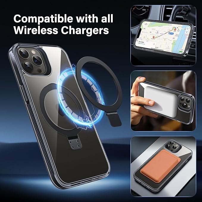 Magnetic Case for iPhone 12 Pro Max - [Built-in Invisible Stand] [Compatible with MagSafe] [Military Grade Drop Protection] Anti-Yellowing Hard Back Silicone Edge Cover, 6.7", Clear Black