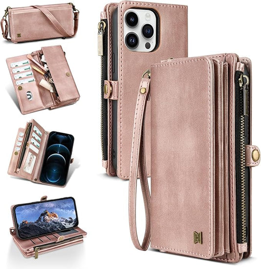 for iPhone 11 Pro Max Wallet Phone Case with 8 Card Holder,RFID Blocking | PU Leather | Kickstand | Flip | Wrist Strap&Shoulder Strap | Shockproof | Zipper Wallet | Women Men | 6.5" | Rose Gold