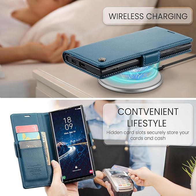 AUPAI for Samsung Galaxy S22 Ultra Wallet Case with Credit Card Holder, PU Leather RFID Blocking Folio Flip Kickstand Magnetic Clasp Protective Phone Cover for Women Men Blue