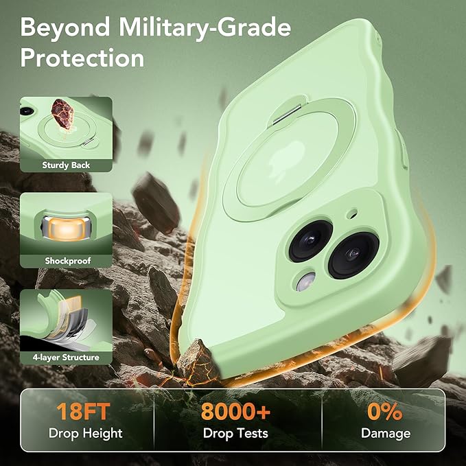 GolbinBox for iPhone 15 Plus Case for Women,[Compatible with Magsafe][360° Spin Magnetic Stand][Cute Wave Edge][Military-Grade Protection] Translucent Matte Phone Case for iPhone 15 Plus, Mint Green