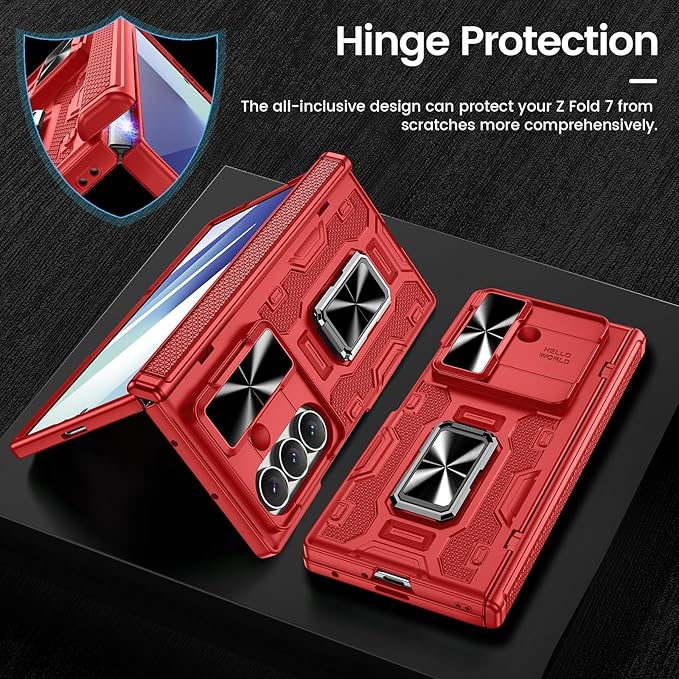 VEGO for Samsung Galaxy Z Fold 7 Case with Belt Clip Holster, [360°Ring Kickstand] [Camera Cover] [Front Screen Protector] [Hinge Protection] Shockproof Armor Cover for Galaxy Z Fold7 - Red