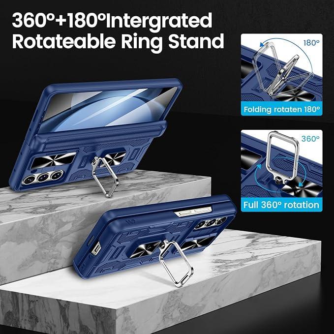 VEGO for Galaxy Z Fold 5 Case with Kickstand, Hinge Protection & Belt Clip Holster & Front Screen Protector & Slide Camera Cover Magnetic Kickstand Cover - Blue