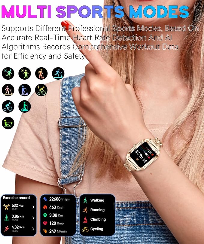 Smart Watch for Women, 1.59'' Full Touch Women's Smartwatch with Female Health Tracking, Fitness Tracker Heart Rate Monitor, Waterproof Sports Smartwatch for Android iOS (Gold Steel RT-i98)