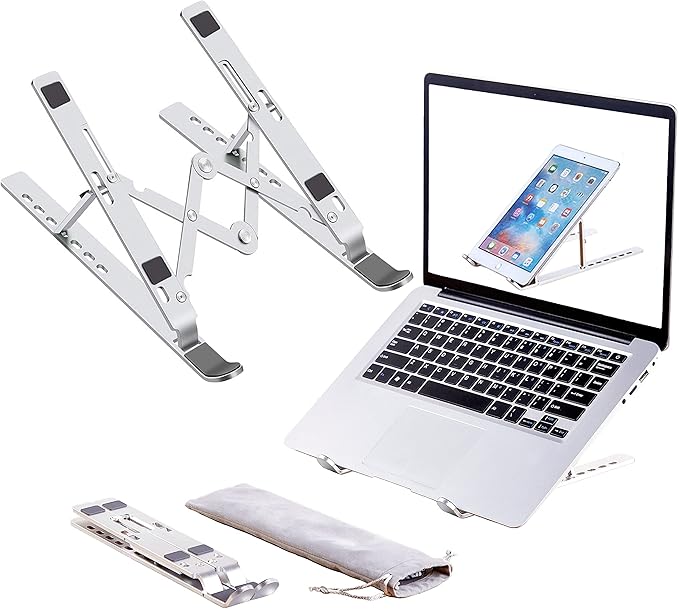 Laptop Stand, Laptop Riser Computer Stand for Desk, Adjustable Aluminum Foldable Portable Desktop Holder, Compatible with MacBook Air pro, iPad, Lenovo, 10-15.6” Laptop and Tablets (Silver)