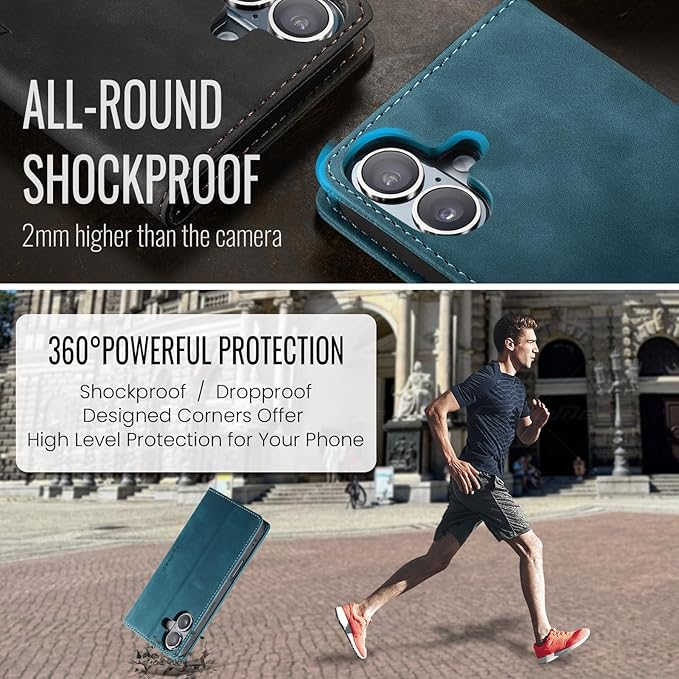 for iPhone 16 Plus Case, Flip Wallet Leather Case with Card Holder Magnetic Closure Shockproof Kickstand Protective Phone Cases Cover for iPhone 16 Plus, Blue-Green