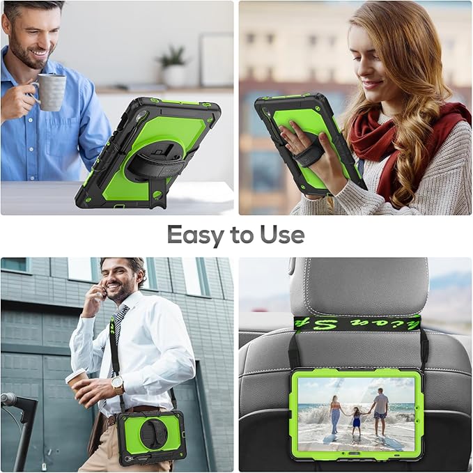 SEYMAC for Samsung Galaxy Tab S10 Lite/ S10 FE/ S9 FE/ S9 5G Case (10.9''/11''), Heavy Duty Shockproof Protective Case with Screen Protector, Rotating Stand, Hand Strap and Pen Holder, Green