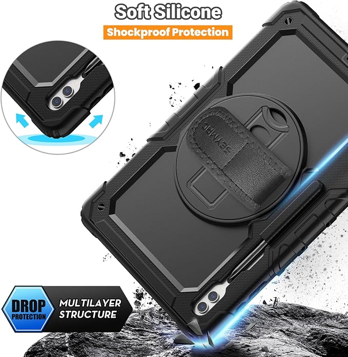 SEYMAC for Samsung Galaxy Tab S10 Ultra 2024/ S9 Ultra/ S8 Ultra Case 14.6 Inch, Heavy Duty Shockproof Protective Case with Screen Protector, Stand, Hand/Shoulder Strap and Pen Holder, Black