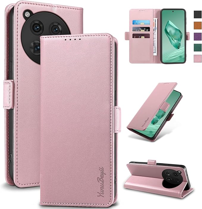 Wallet Flip Case for OnePlus 12 5G - [RFID Blocking] Luxury PU Leather Card Holder Magnetic Phone Cover with Kickstand,Shockproof Protective Case,Pink