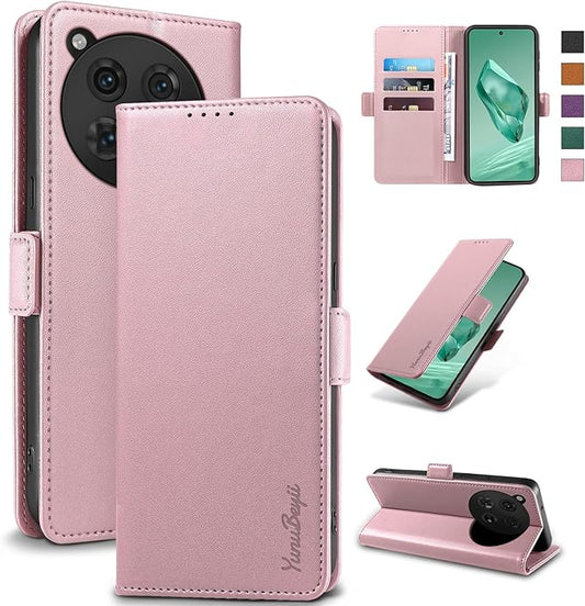 Wallet Flip Case for OnePlus 12 5G - [RFID Blocking] Luxury PU Leather Card Holder Magnetic Phone Cover with Kickstand,Shockproof Protective Case,Pink