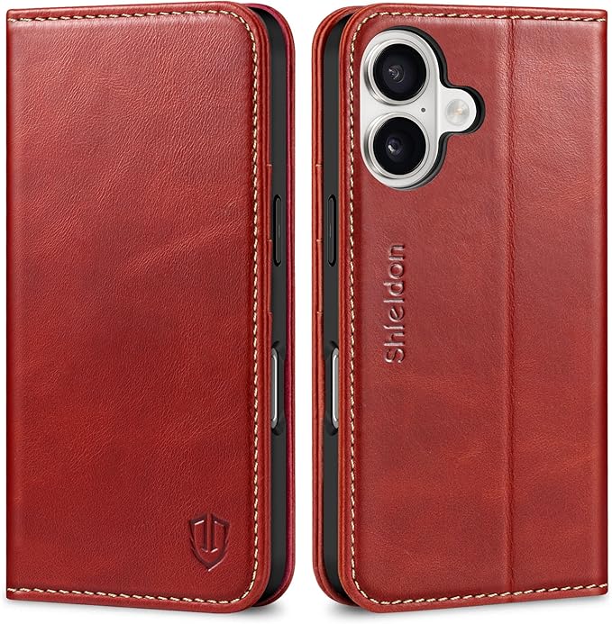 SHIELDON Case Wallet for iPhone 17 5G 6.3" 2025 | Genuine Leather | RFID Blocking Card Holder | Folio Magnetic Closure | Kickstand | Shockproof | Full Protective Cover | Retro Red