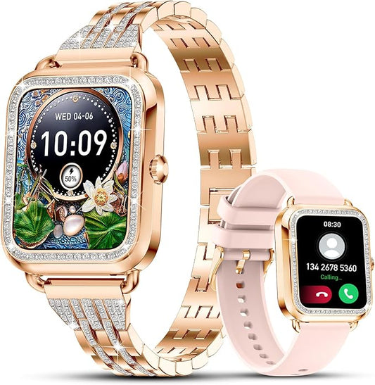 Efolen Smart Watches for Women with Diamonds (Answer/Make Call), 1.57'' Bluetooth Smartwatch for Android iOS Phones, Waterproof Fitness Watch with Heart Rate/SpO2/Sleep/BP/AI Voicer (Rose Gold)