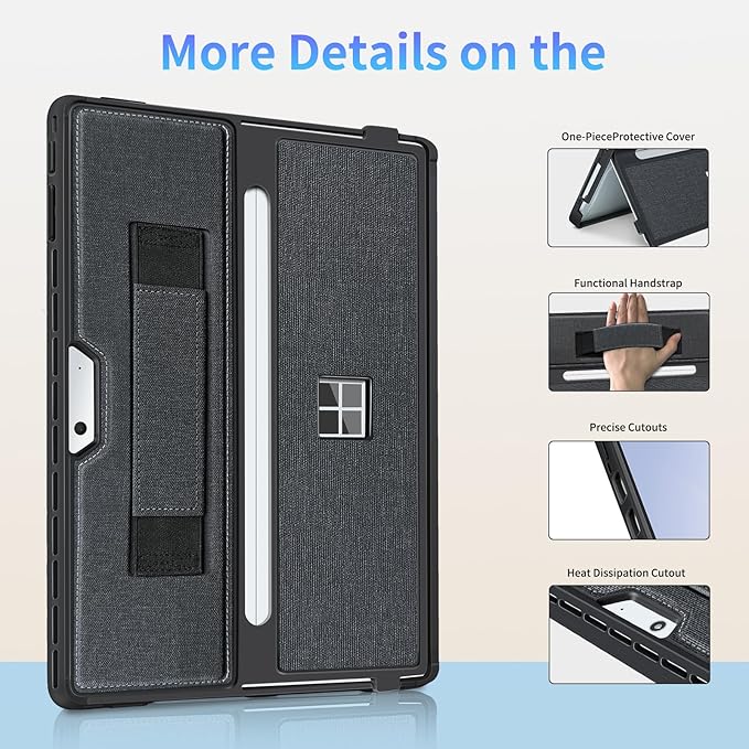 Case fit Microsoft Surface Pro 11/10/9/8 13-Inch, with Stent Cover, Hand Strap, All-in-one Rugged Case Compatible with Type Cover Keyboards, Black