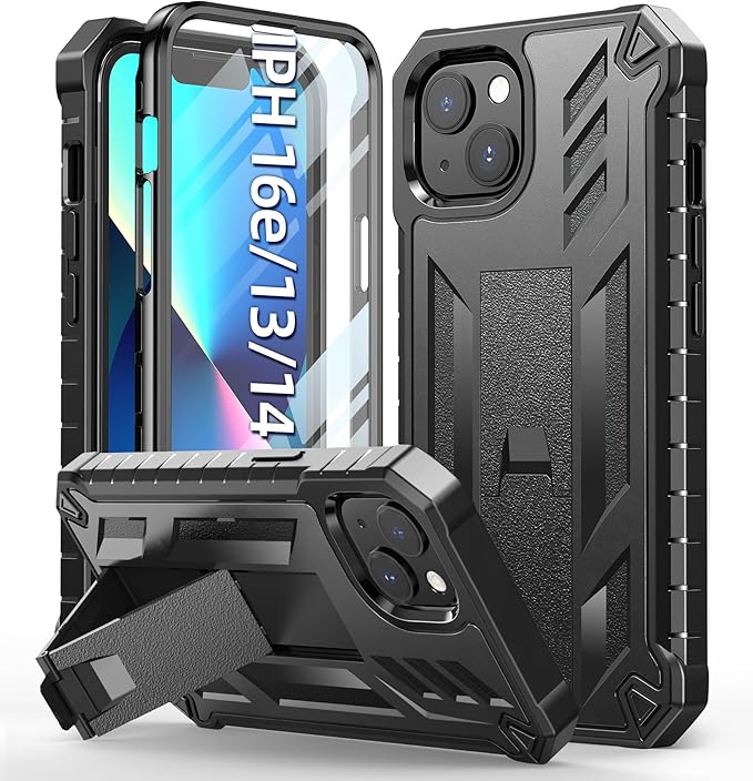 for iPhone 13/14 Protective Case: for iPhone 16e Cover with Built-in Kickstand | Heavy Duty Military Grade Hard Protection Shock Proof | Durable Dual-Layer Design Black
