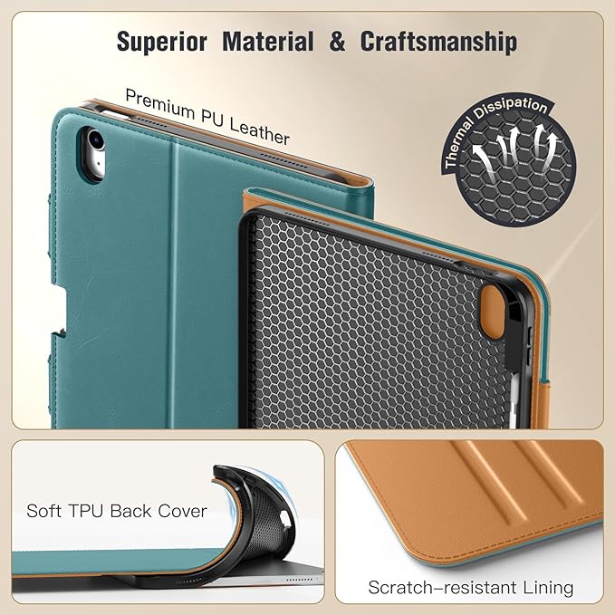 MoKo for iPad (A16) 11th Generation Case 11 inch 2025, iPad 10th Generation Case 10.9" 2022 with Pencil Holder & Pocket, Premium Leather Folio Stand Cover, Multiple Viewing Angles, Turquoise