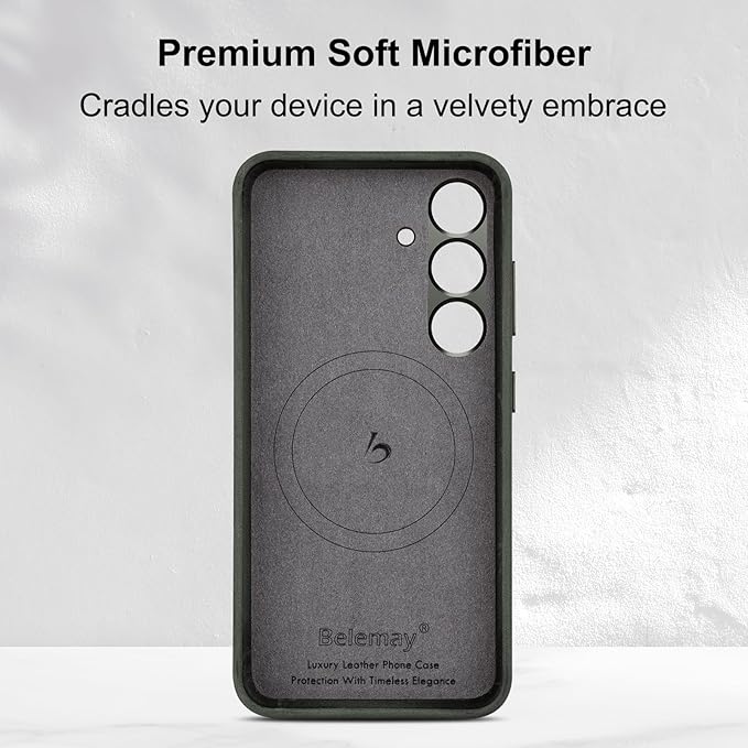 Belemay Leather Case for Samsung Galaxy S24 Compatible with Magsafe - Premium Crazy Horse Leather [Vintage Aesthetics] Unique Patina, Comfort Grip, Metal Buttons, Slim&Soft Cover (6.2") Rustic Green