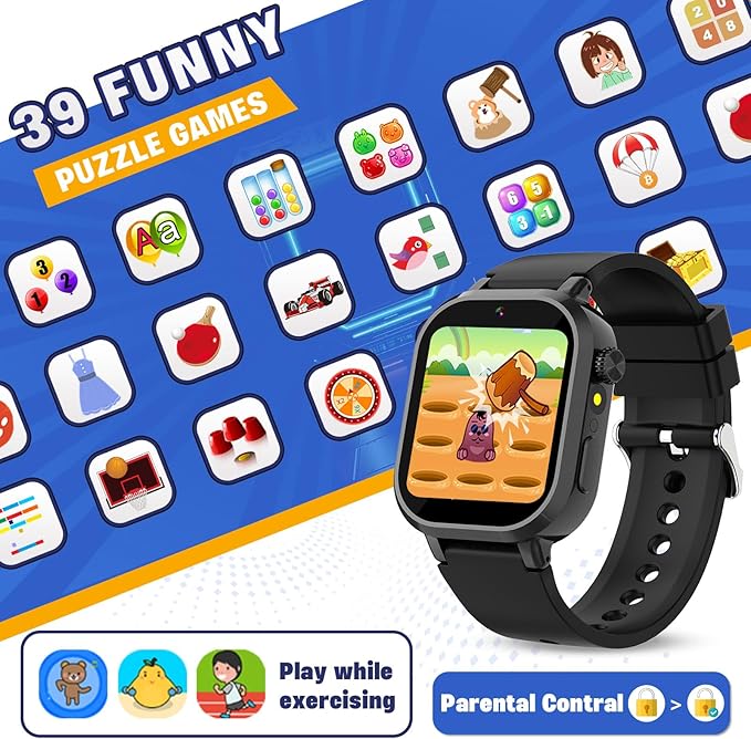 Vakzovy Kids Waterproof Smart Watch Girls Gift Age 3-12 with 39 Game HD Touch Screen Video Camera Music Player Pedometer Alarm Clock Birthday Gift for 6 7 8 9 Year Olds Black