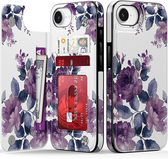 FUNMIKO for iPhone 16e Wallet Case with Card Holder, RFID-Blocking, Military-Grade Protection & UV-Printed Artwork, Magnetic Closure with Leather Kickstand - Elegant Purple Floral